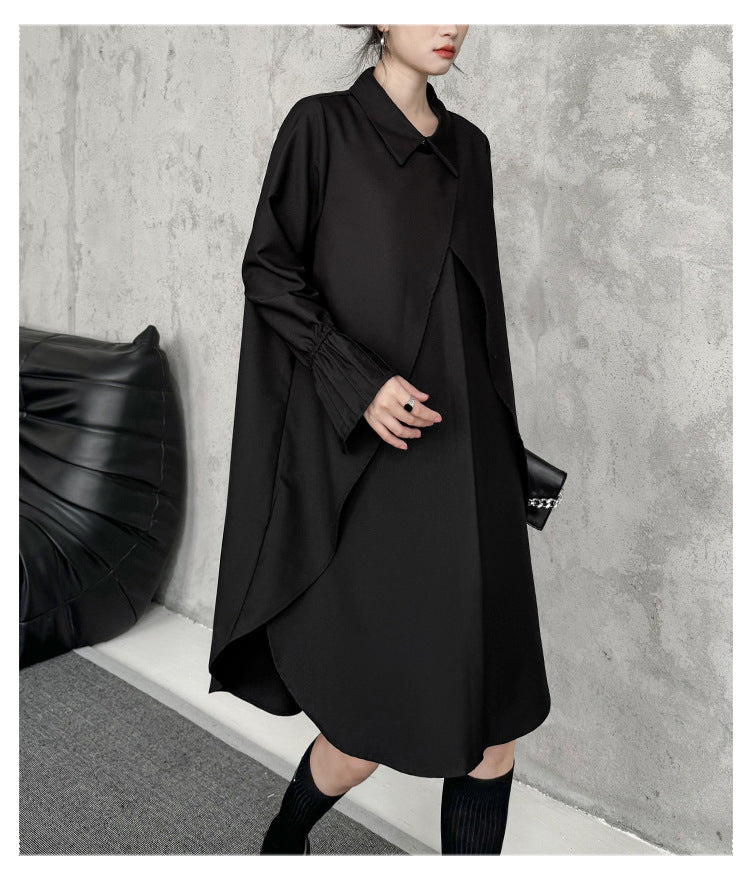 Street Style Fake Two Piece Button Long Sleeve Midi Dress