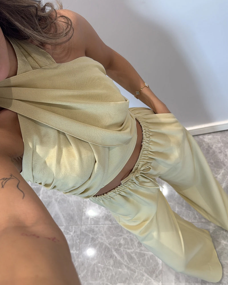 Casual Solid Color Lace-Up Top & Pants Two-Piece Set