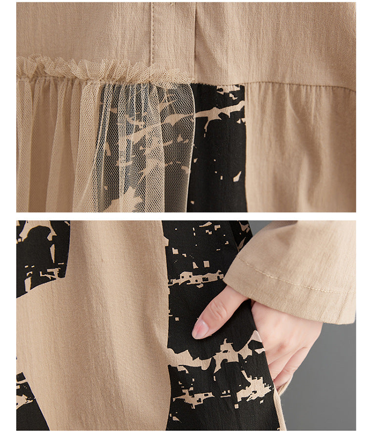 Retro Splicing Mesh Long Sleeve Midi Dress