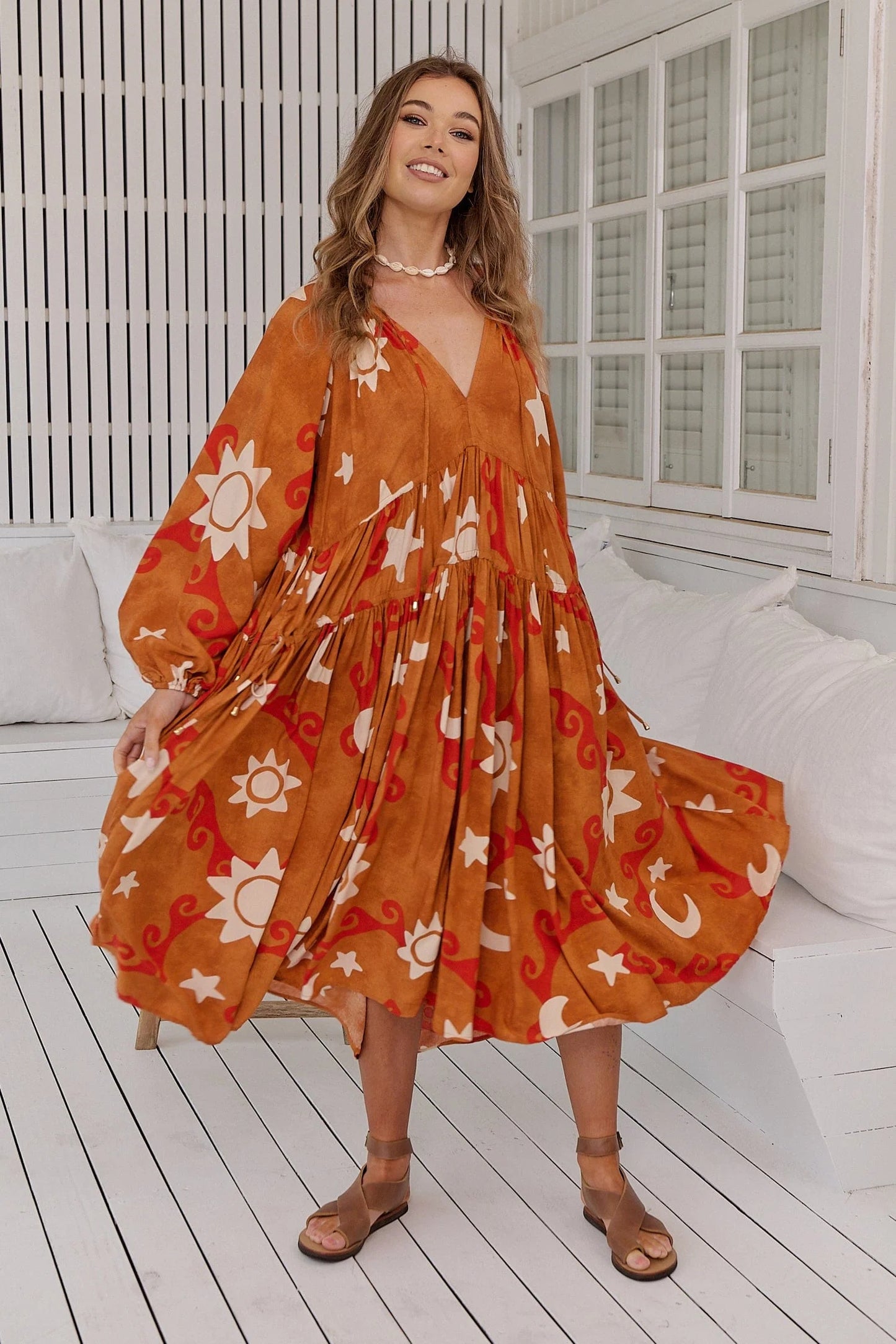 Women Long Sleeved Printed Boho Dress