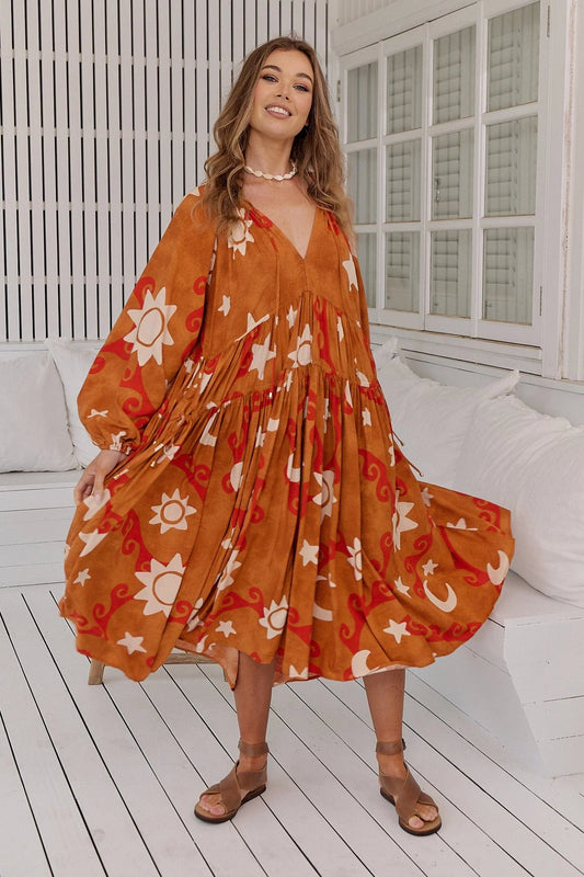 Women Long Sleeved Printed Boho Dress