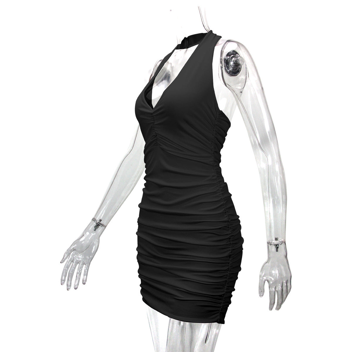 V-neck halter backless off-shoulder sexy minimalist pleated dress