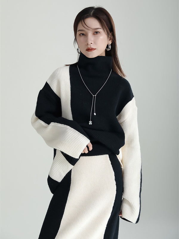 Casual Loose Long Sleeves Contrast Color High-Neck Sweater Top&Skirt Two Pieces Set
