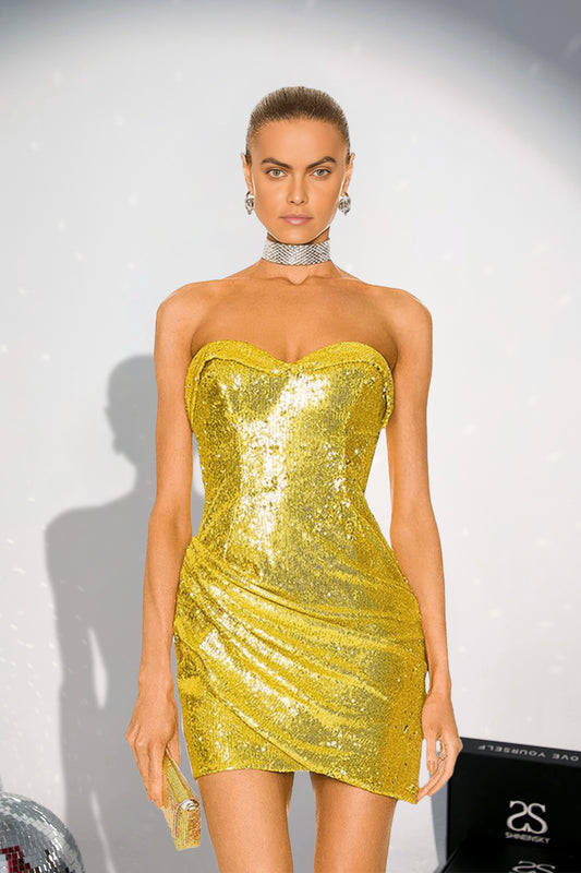 Zaria Gold Sequined Ruched Mini Dress