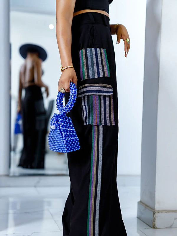 High Waisted Loose Pockets Split-Joint Striped Pants Trousers