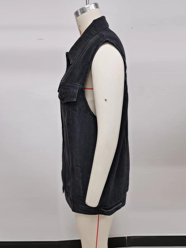 Loose Sleeveless Buttoned Drawstring Pockets Split-Joint Polo Vest Outerwear