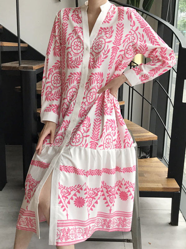 Long Sleeves Loose Leaves Print Printed Stand Collar Midi Dresses