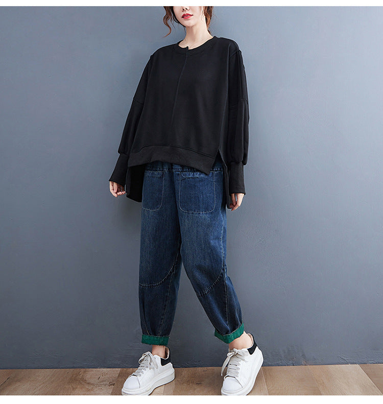 Asymmetric Solid Color Round Neck Long Sleeve Sweater