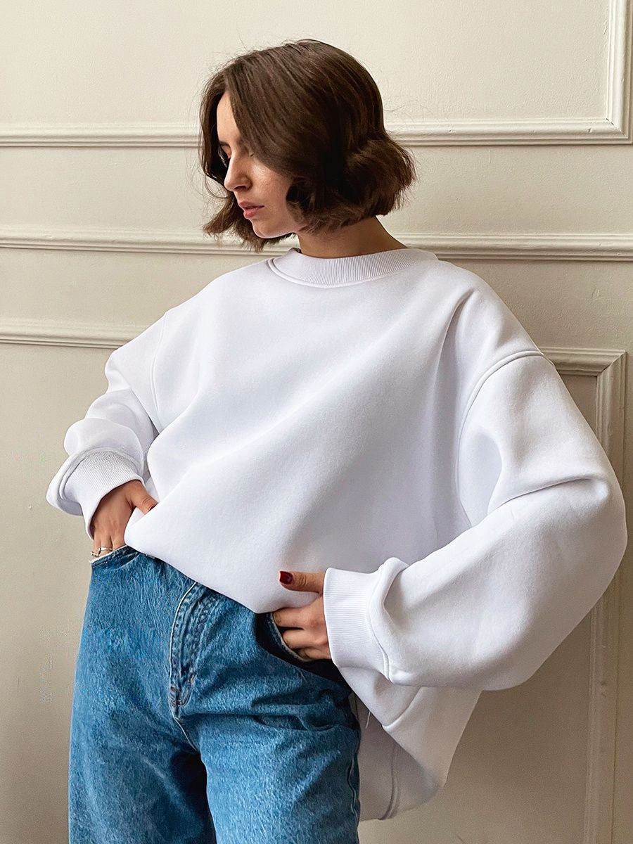 Round neck loose sweatshirt women's autumn winter Street solid color Oversize polar fleece pullover top