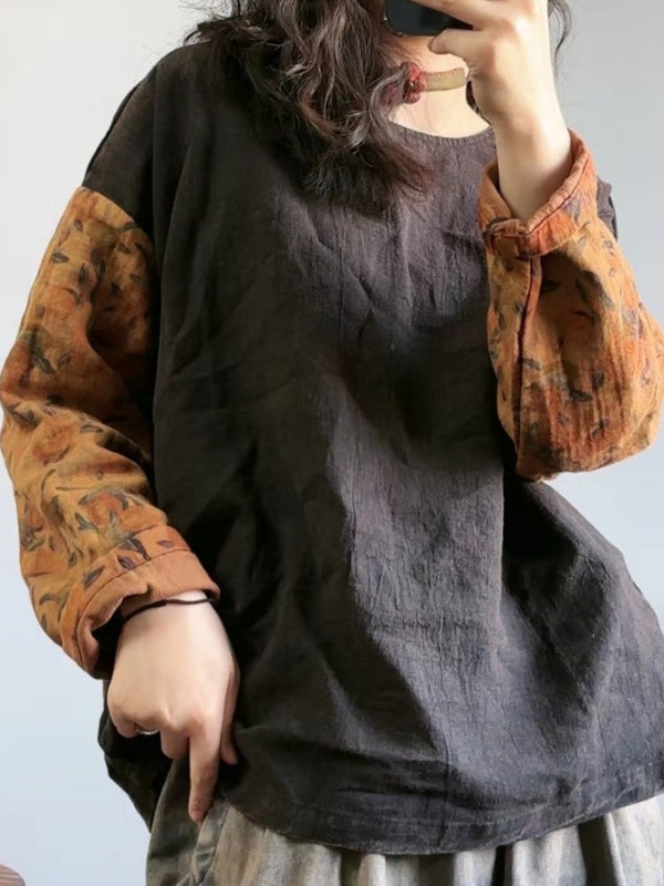 Literary Vintage Splicing Printed Round Neck T-shirt