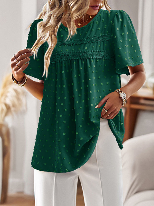 Loose Short Sleeves Hollow Jacquard Pleated Solid Color Split-Joint Round-Neck T-Shirts Tops