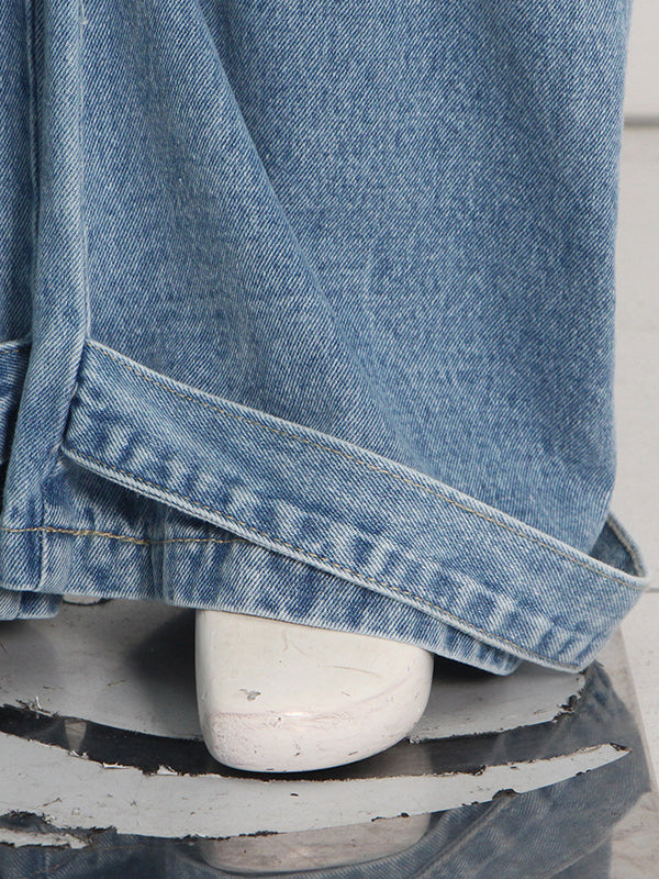 Loose Pleated Pockets Split-Joint Streamer Jean Pants Bottoms