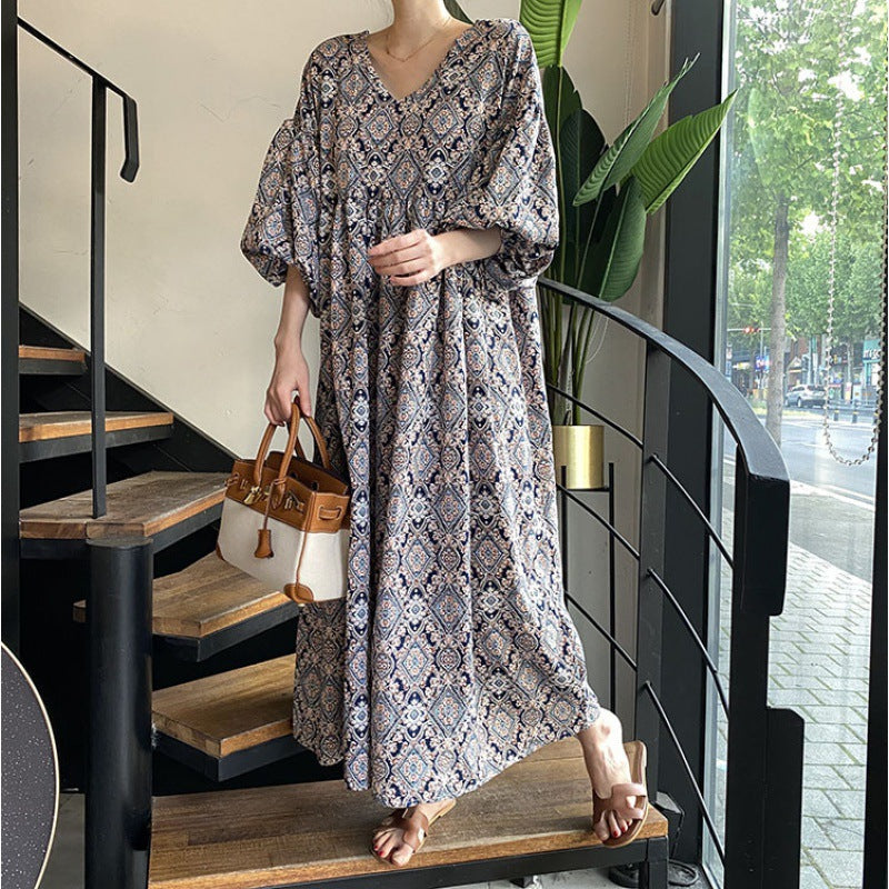 Ethnic Style Floral V-Neck Lantern Sleeve Midi Dress