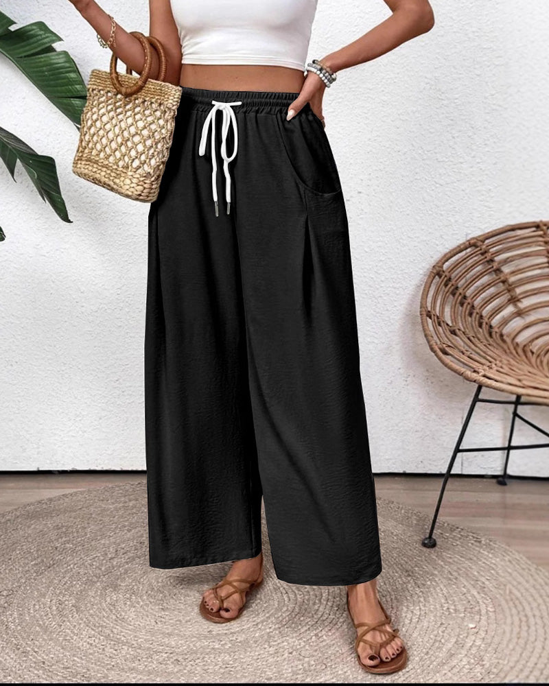Drawstring Pocket Wide Leg Casual Pants