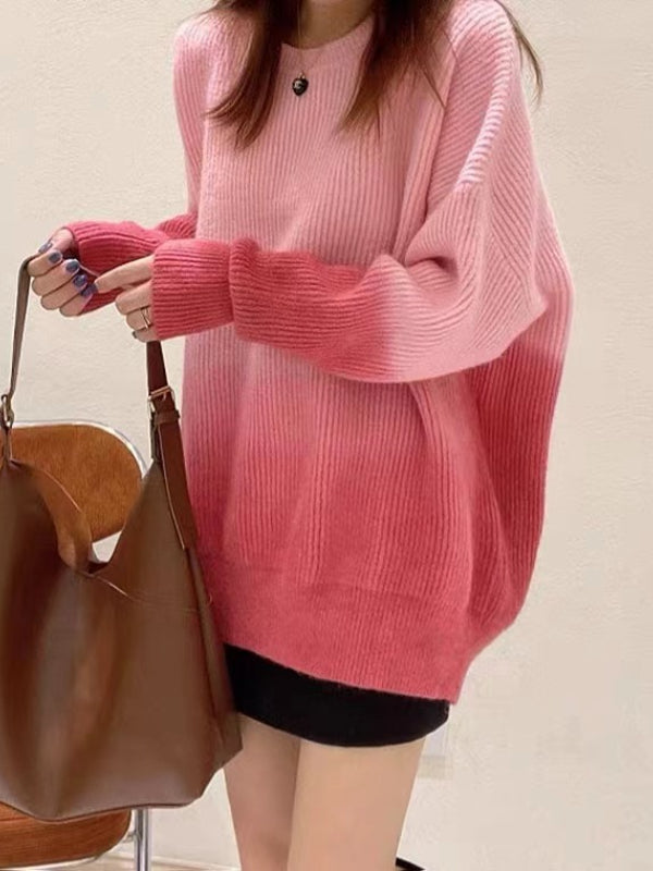 Literary Gradient Color Round Neck Knit Sweater