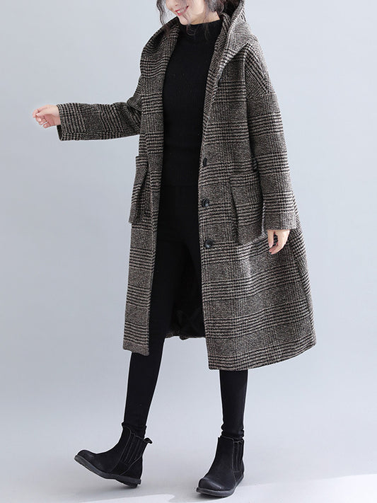 Classic Houndstooth Hooded Long Sleeve Coat