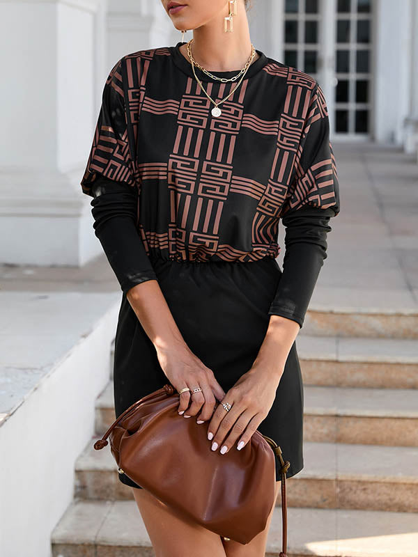 Bodycon Long Sleeves Contrast Color Elasticity Printed Round-Neck Mini Dresses