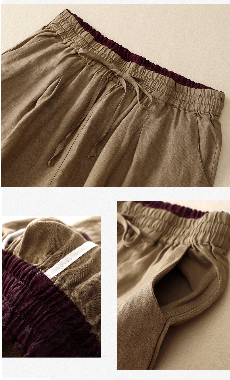 Cotton linen tie casual cropped pants