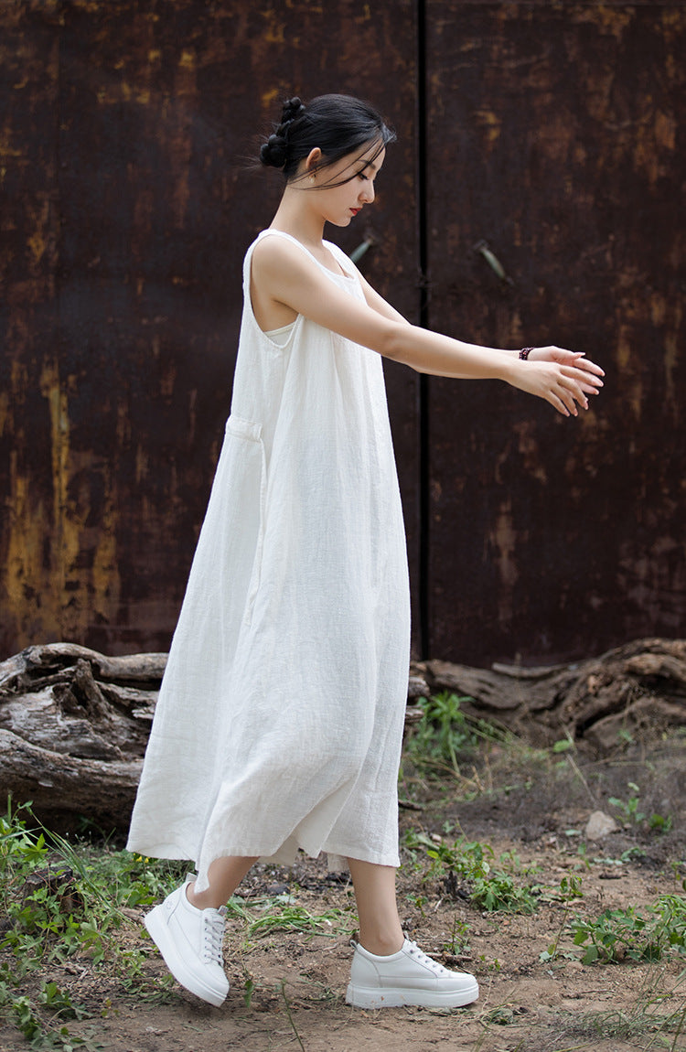 Simple Ramie Sleeveless Lace-up Midi Dress