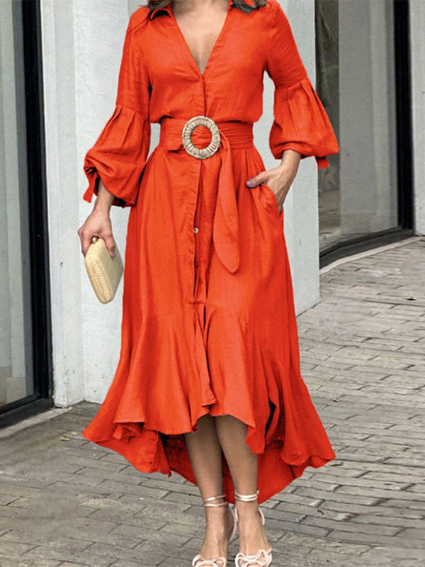 High-Low Puff Sleeves Pleated Solid Color Lapel Collar Maxi Dresses