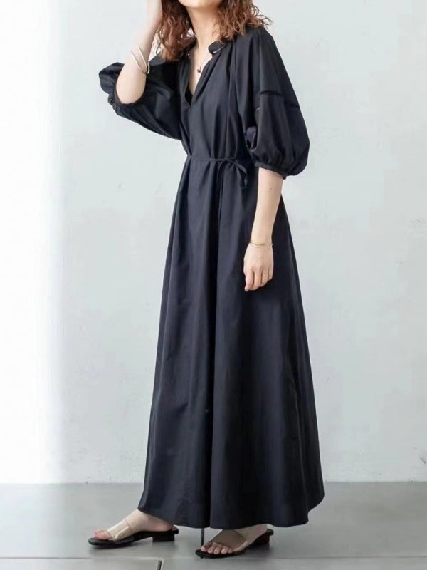 Loose Solid Color Lantern Sleeve Maxi Dress