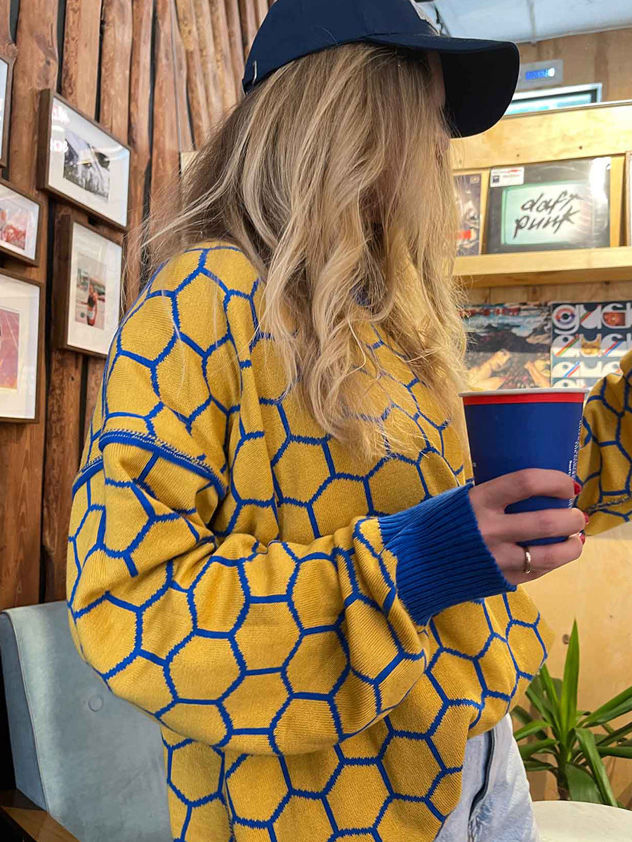 Round neck honey sweater autumn and winter loose plaid pullover round neck knitted women's top