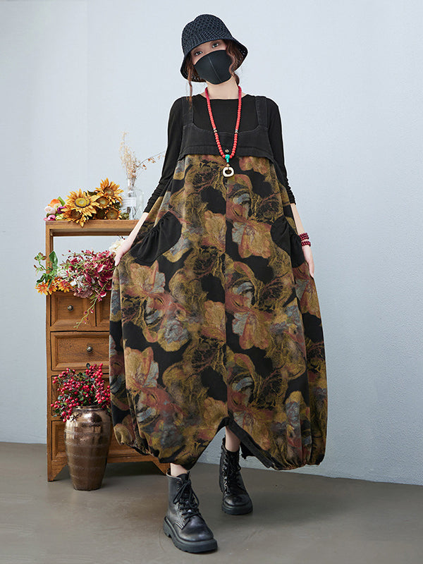 Artistic Retro Vintage Loose Floral Printed Square-Neck Sleeveless Overalls