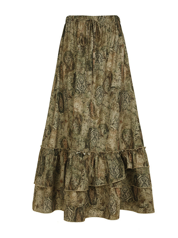 High Waisted Loose Contrast Color Elasticity Pleated Split-Joint Skirts Bottoms