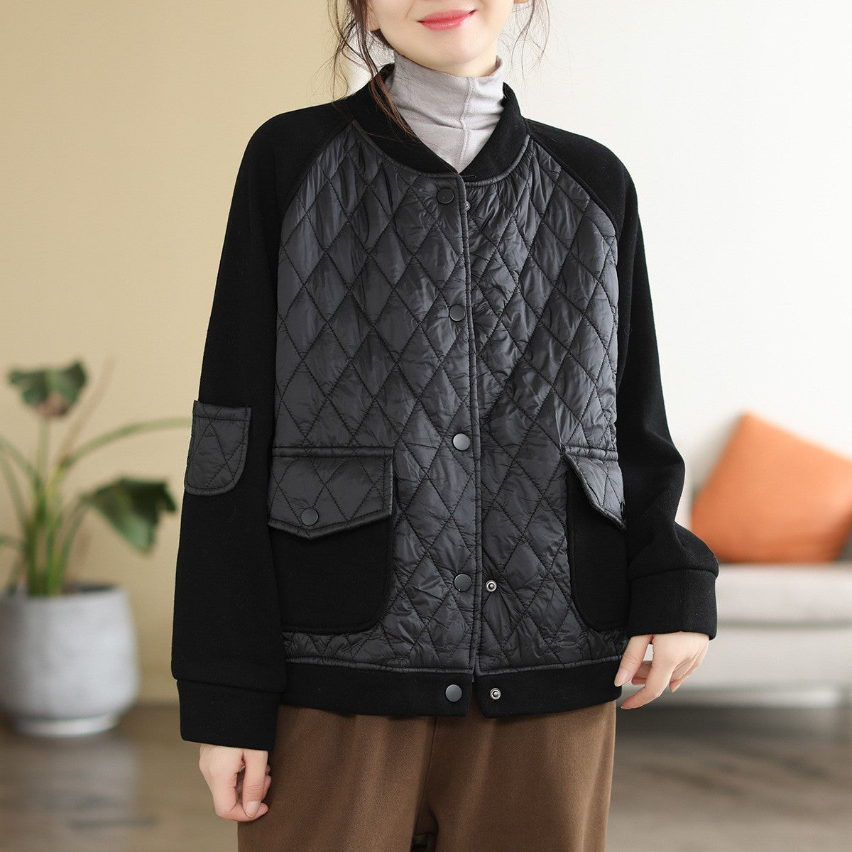 Literary Warm Splicing Round Neck Cotton Jacket