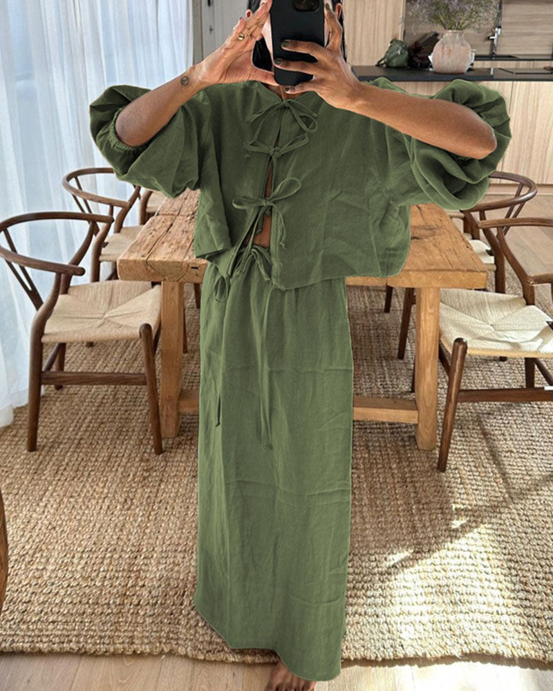 Retro puff sleeve two piece set