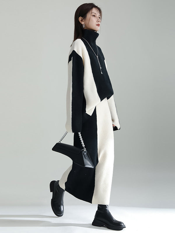 Casual Loose Long Sleeves Contrast Color High-Neck Sweater Top&Skirt Two Pieces Set