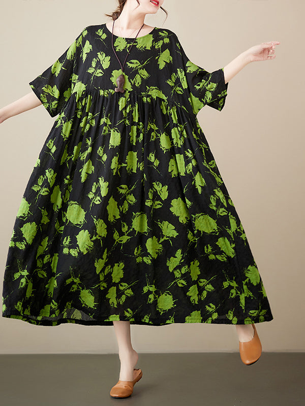 Bohemian Print Short Sleeve Round Neck Midi Dress