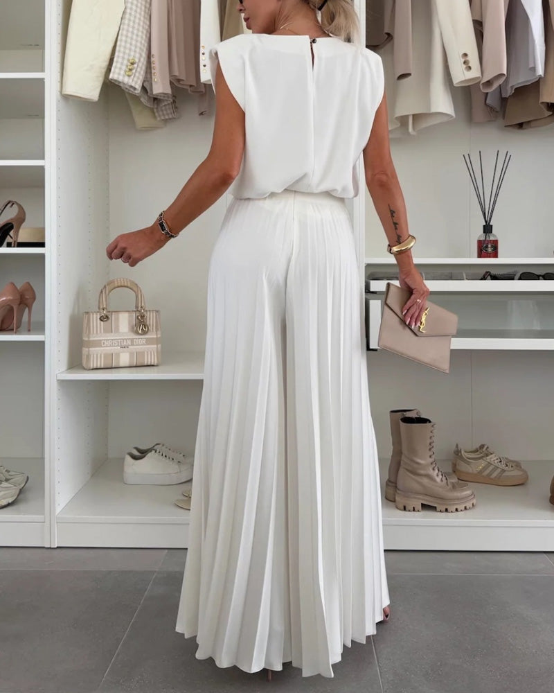 Round Neck Sleeveless Top Wide Leg Pants Set