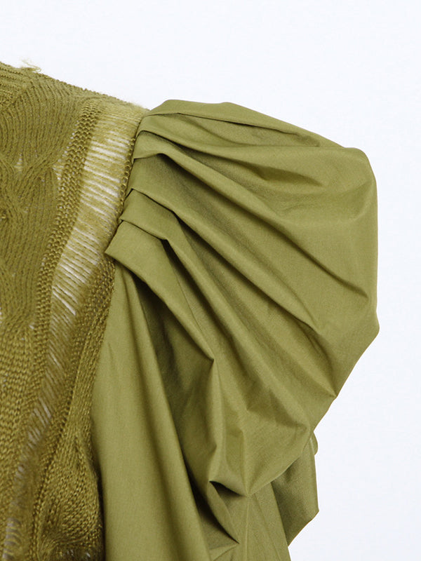 Original Skinny Puff Sleeves Hollow Split-Joint Round-Neck Sweater Tops