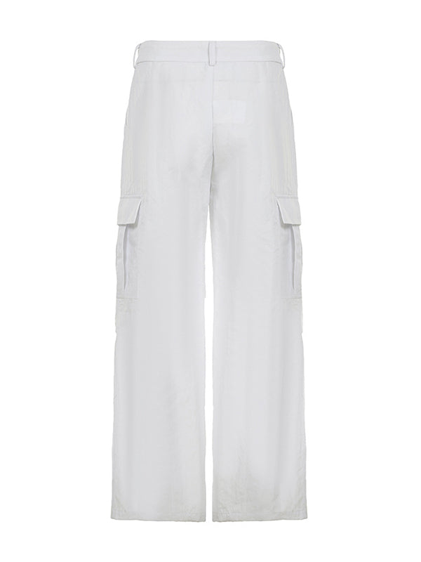 Loose Wide Leg Drawstring Pockets Solid Color Pants Trousers