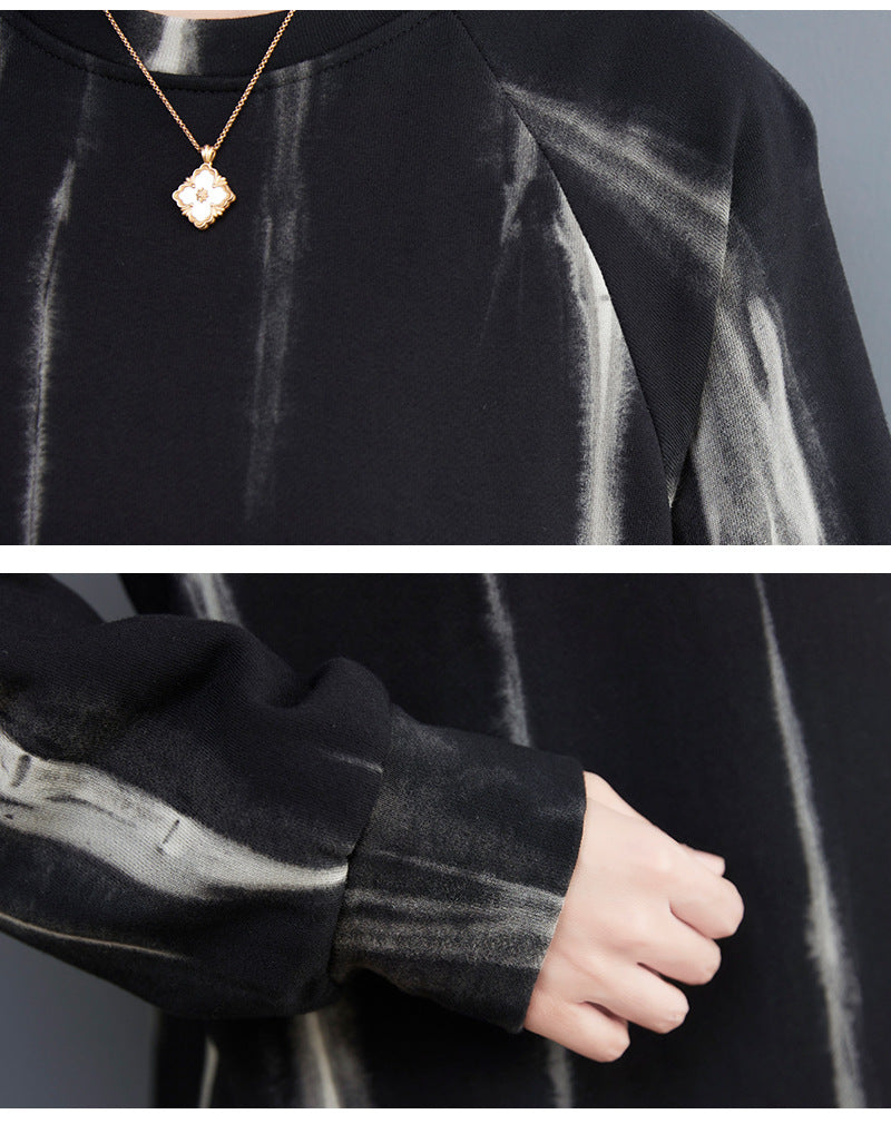 Loose Print Round Neck Long Sleeve Midi Dress