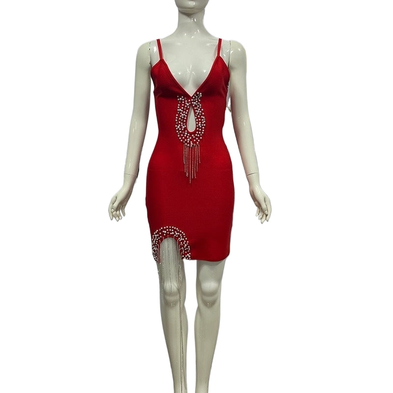 Bandage women's sexy hollow-out camisole tassel rhinestone waist dress evening dress