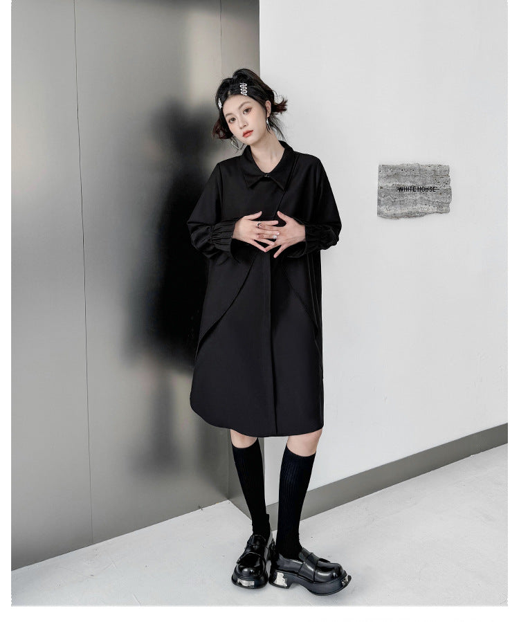 Street Style Fake Two Piece Button Long Sleeve Midi Dress