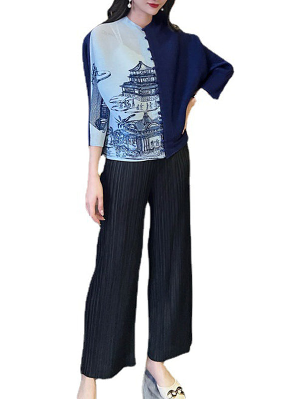 Batwing Sleeves Loose Buttoned Contrast Color Pleated Printed V-Neck T-Shirts Tops