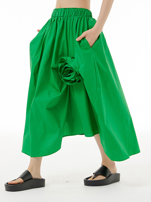 Loose Asymmetric Elasticity Solid Color Three-Dimensional Flower Skirts Bottoms