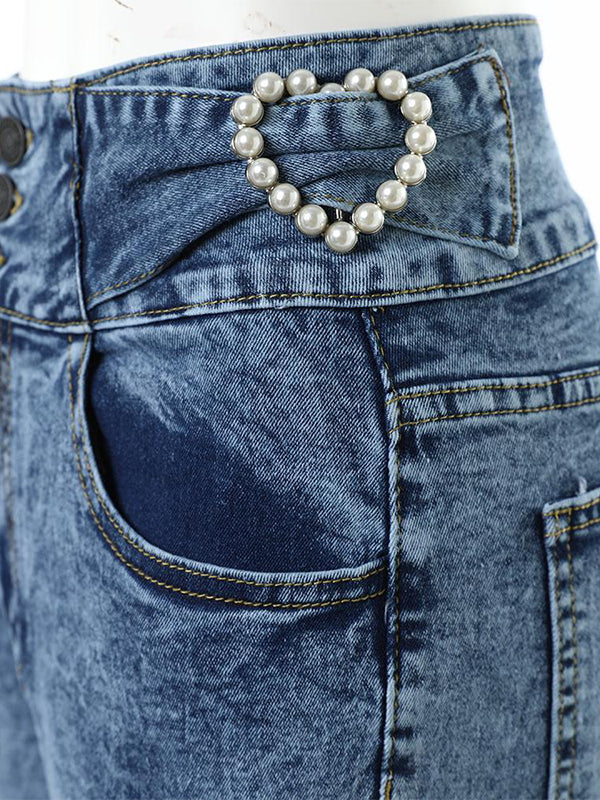 Skinny Beads Buttoned Elasticity Pockets Zipper Jean Pants Bottoms