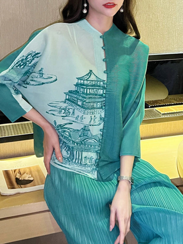 Batwing Sleeves Loose Buttoned Contrast Color Pleated Printed V-Neck T-Shirts Tops