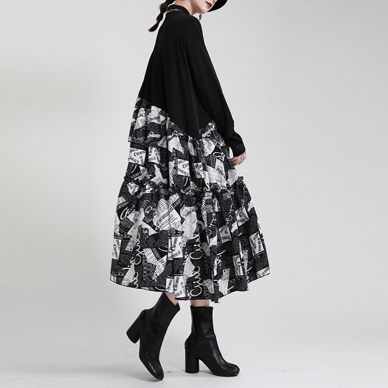 Irregular Splicing Long Sleeve Midi Dress
