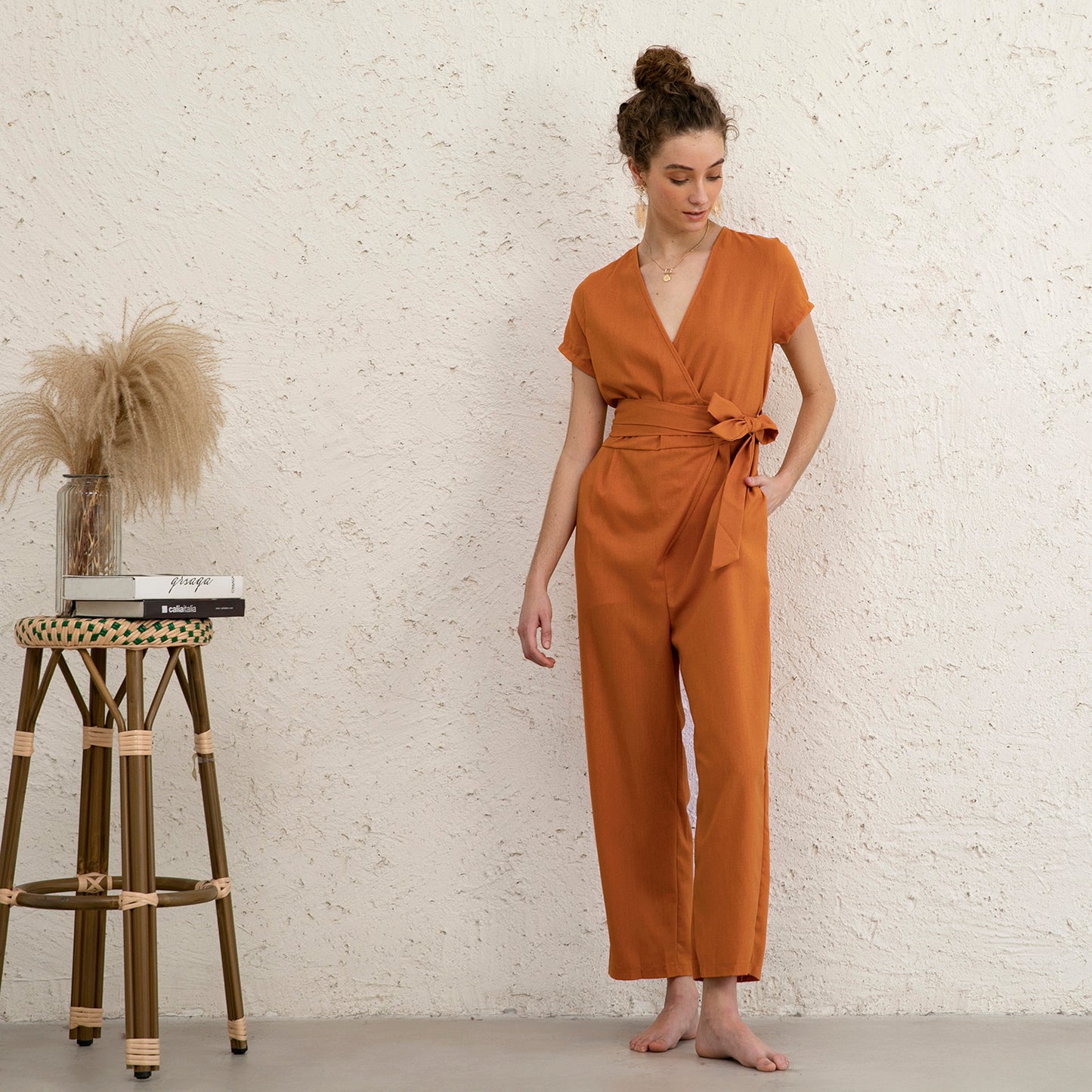 Casual Cozy Linen Wrap Jumpsuit