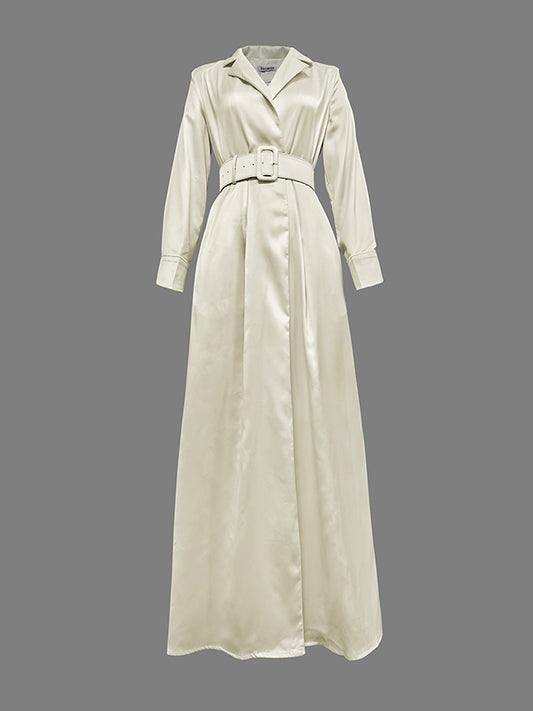 Long Sleeves Loose No Belt Solid Color Notched Collar Maxi Dresses