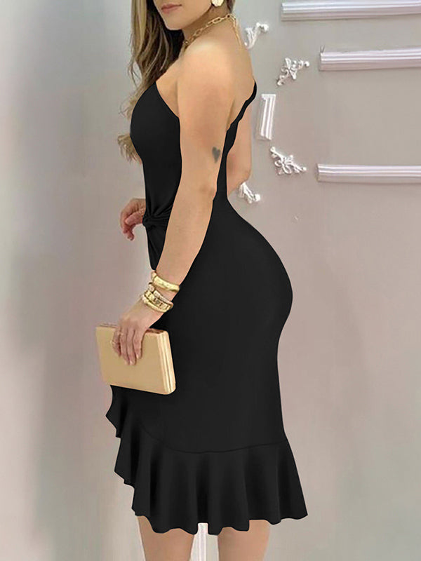 Bodycon High Waisted Asymmetric Pleated Solid Color One-Shoulder Midi Dresses