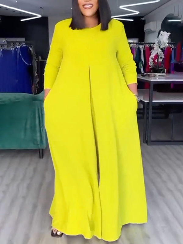Loose Wide Leg Pockets Solid Color Round-Neck Jumpsuits