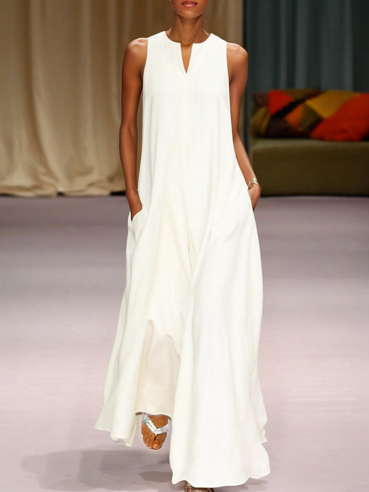 Loose Sleeveless Solid Color Split-Joint Round-Neck Maxi Dresses