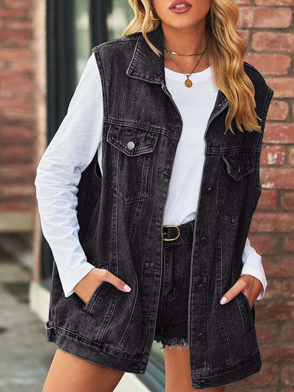 Loose Sleeveless Buttoned Drawstring Pockets Split-Joint Polo Vest Outerwear