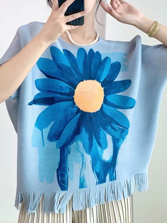 Batwing Sleeves Loose Flower Print Pleated Tasseled Round-Neck T-Shirts Tops